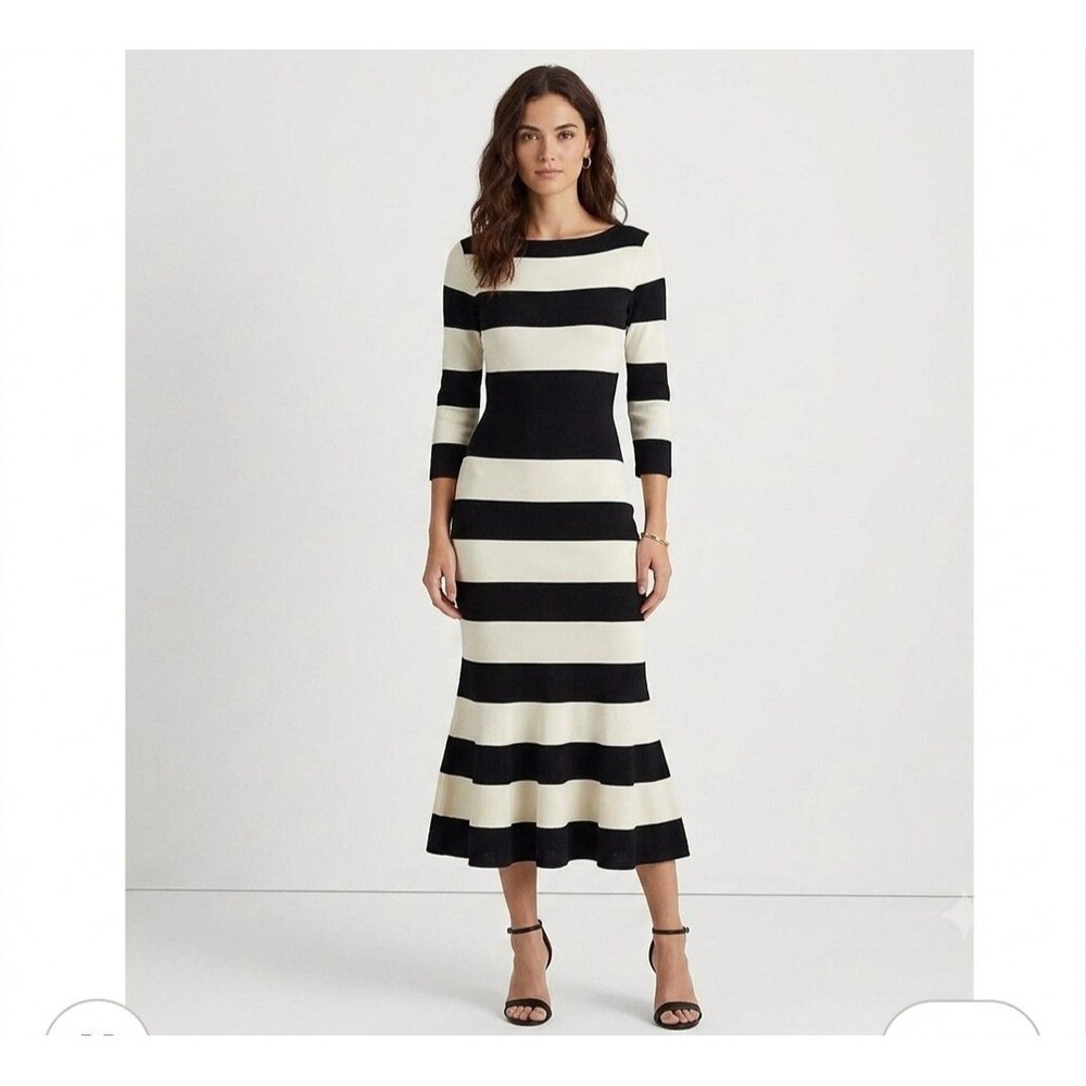 New York and Company Eva Mendes Midi Flare Dress Black White Stripes Size XL New